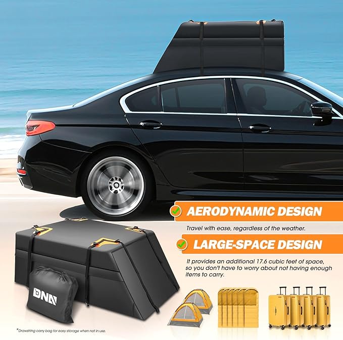 DNA Motoring Car Rooftop Waterproof Bag, 17 Cubic Feet Waterproof Car Roof Luggage Bag, Heavy Duty Car Roof Cargo Carrier Bag, Car Roof Bag, w/ 8 Reinforced Straps, TOOLS-00423