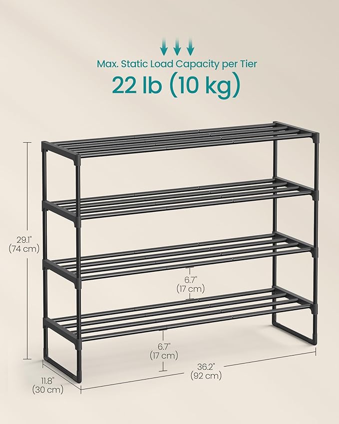 SONGMICS Shoe Rack, 4-Tier Shoe Organizer, Metal Storage Shelf, Upright or Upside Down, for 20-25 Pairs, Stackable, for Entry