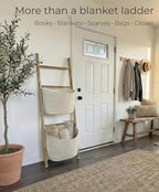 Handcrafted Bamboo Blanket Ladder with 2 Large Woven Storage Baskets, 55in Tall, Boho Wall-Leaning Decorative Rack for Living