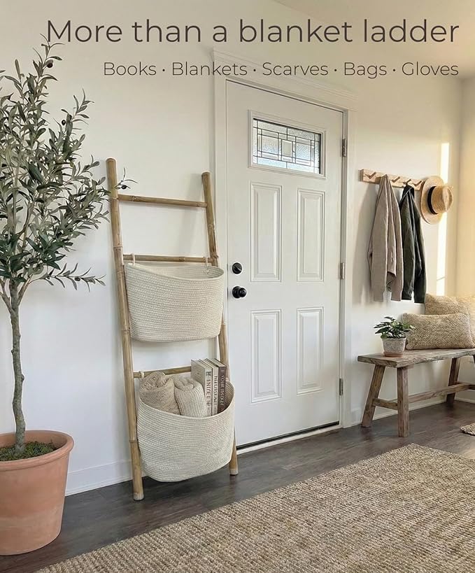 Handcrafted Bamboo Blanket Ladder with 2 Large Woven Storage Baskets, 55in Tall, Boho Wall-Leaning Decorative Rack for Living