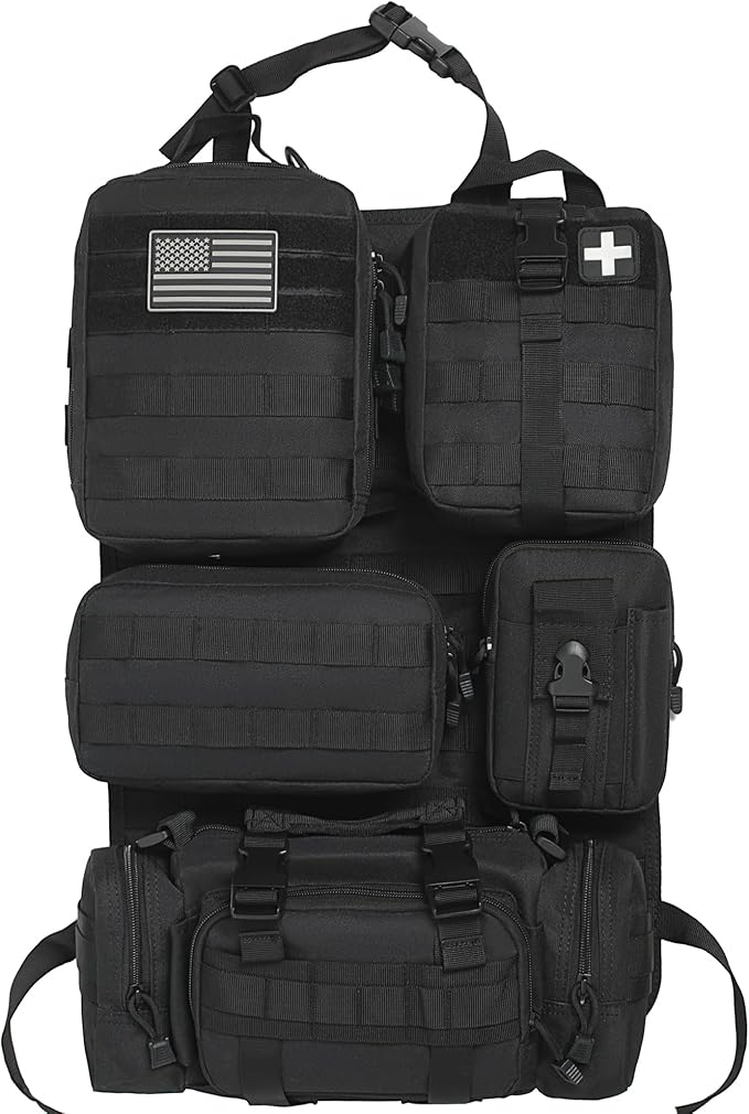 6 Pack Tactical Molle Car Seat Back Organizer - Tactical Vehicle Panel Organizer with 5 Detachable Molle Pouch,US Flag Patch