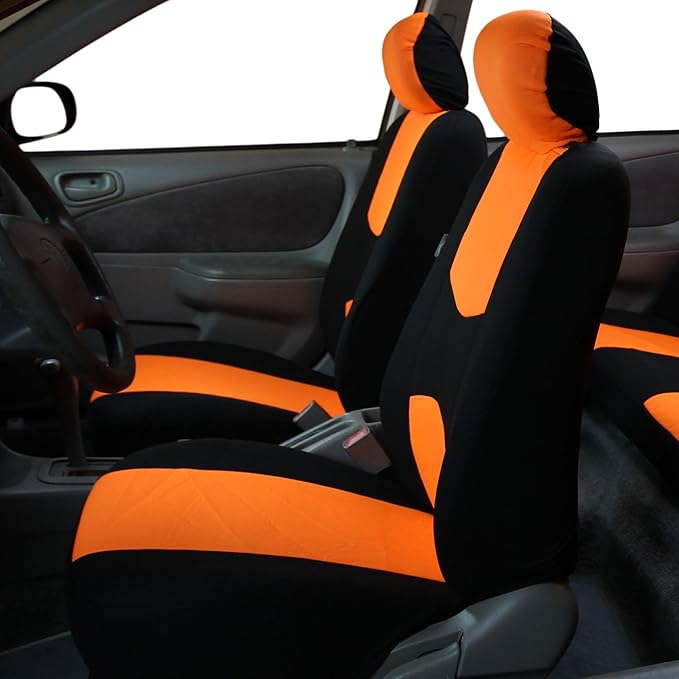 FH Group Car Seat Covers Flat Cloth Automotive Orange Full Set, Rear Solid Bench Universal Fit Combo Steering Wheel Cover & Seat Belt Pads Car Seat Protector for Cars Trucks SUV Interior Accessories