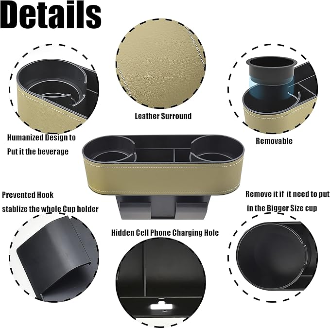 IOKONE Car Cup Holder, Auto Front Seat Organizer, Multifunctional Cup Drink Holders with PU Leather Cover, Gap Filler Storage Box Coin Bucket Console Side Pocket Cell Mobile Phone Holder(Slim-Beige)
