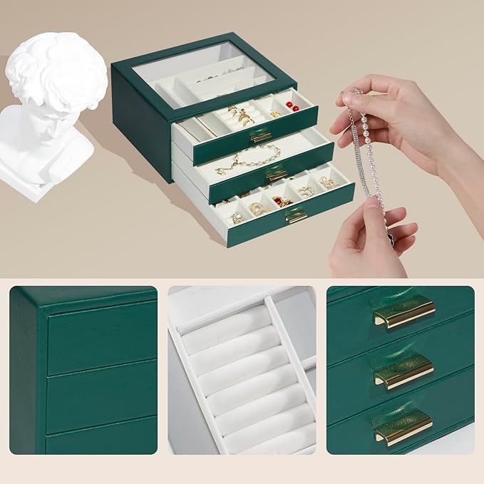 Jewelry Box Organizer with 3 Drawers,Glass Lid Jewelry Boxes for Women,Jewelry Storage for Rings,Necklaces,Earrings,Bracelets