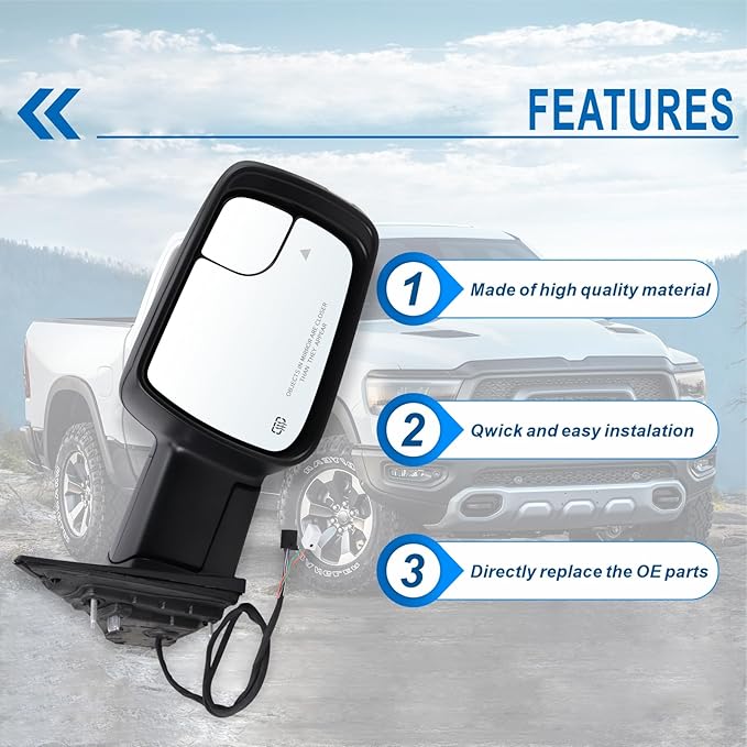 Right Passenger Side Mirror Fits 2019-2026 Ram 1500 With Power Folding Power Glass Heated Turn Signal Puddle Light Blind Spot Matte Black Replace#68276502AH(9+2Pins)