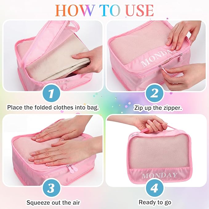 Days of Week Packing Cubes Weekly Organizer Travel Storage Bag School Clothes for Kids Summer Camp Family(9x7x3inch,Macaron,1
