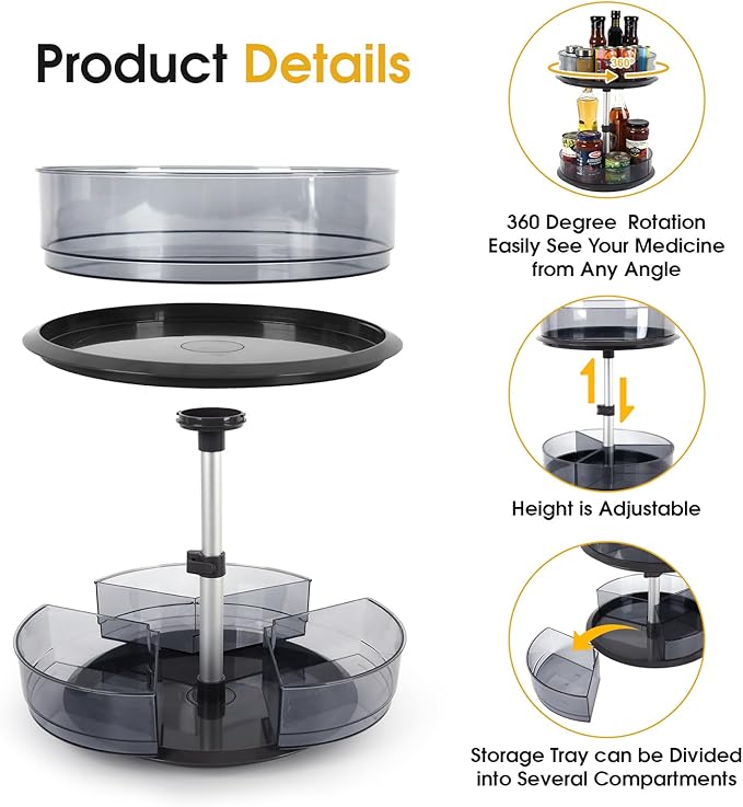2 Tier Medicine Cabinet Organizer, Rotary Turntable Organizer for Medicine and Vitamin Bottles, Under Sink Organizer for Medi
