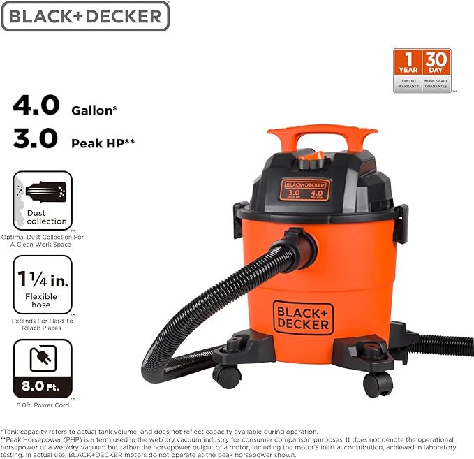 BLACK+DECKER Shop Vacuum Wet and Dry, 4 Gallon 3-in-1 Portable Shop Vac with Accessories, Workshop, Garage, Home and Car Vacu