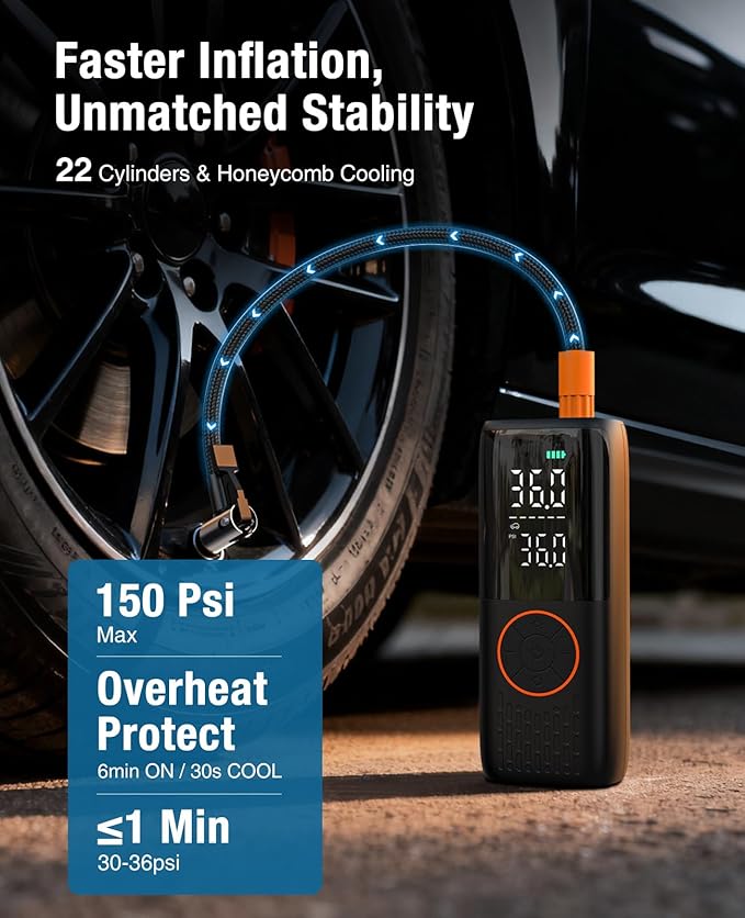 CrestWave Car Tire Inflator 20000mAh, 150PSI Portable Air Compressor Auto Stop & Digital Gauge, Fast Inflation for Car Tires, Bike, Motorcycle, Ball with Cordless Rechargeable Battery and 12V Adapter