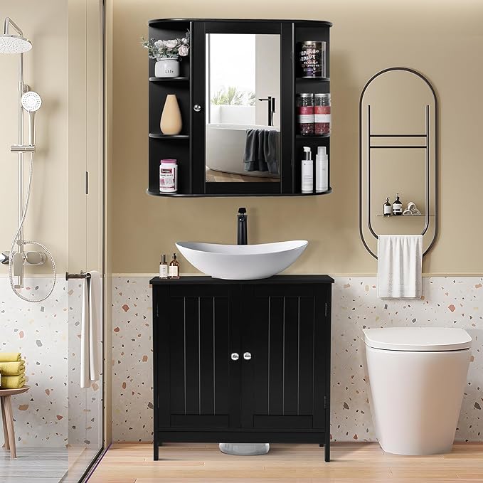 Iwell Bathroom Medicine Cabinet with Mirror, Wall Cabinet with 2 Adjustable Shelves & 6 Open Shelves, Bathroom Cabinet Wall M