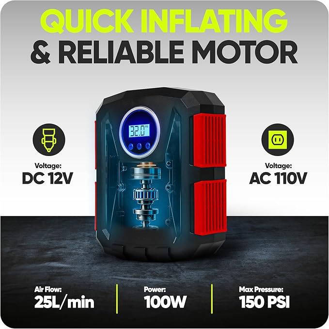 FORTEM Tire Inflator Portable Air Compressor, Air Pump for Car Tires and Bikes, Car Tire Pump w/Auto Shut Off, 150 PSI, 110V AC 12V DC, LED Light, Carrying Case, for Men, Women