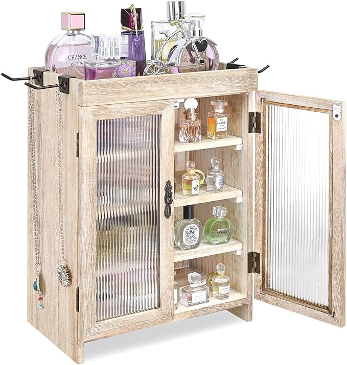 Ikee Design Wooden Countertop Storage Cabinet with Wavy Magnetic Door, Adjustable Shelves, Removable Hooks. Perfect for Perfu