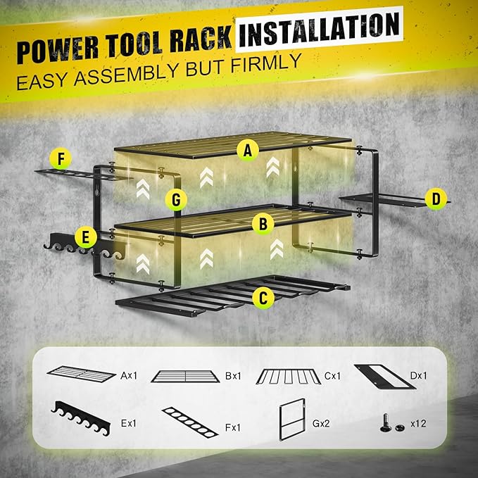 Power Tool Organizer Wall Mount - 200Lbs Load 3 Layers Storage Rack with 4 Drill Holders for Drills Cordless Tools. Heavy Dut