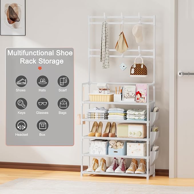 OYREL Shoe Rack 5 Tier Shoe Organizer Storage 15-20 Pairs Shoes Rack for Closet Entrance Shoe Rack Organizer with Hooks and S