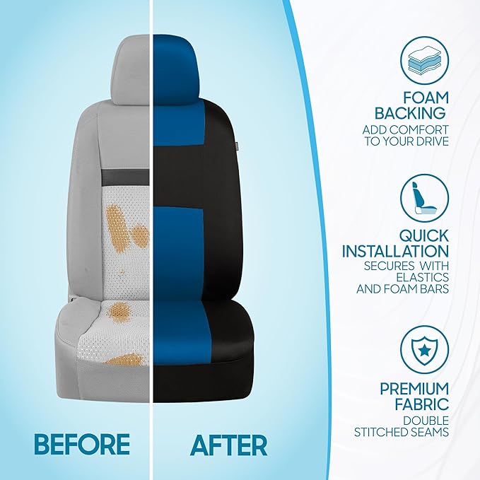 BDK PolyPro Car Seat Covers Full Set in Blue on Black – Front and Rear Split Bench Seat Covers for Cars, Easy to Install Car 