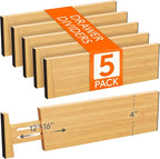Lifewit 4" High 5 Pack Bamboo Drawer Dividers 31-40cm/12-16 Adjustable Wooden Drawer Organizer for Clothes/Utensils, Expandab