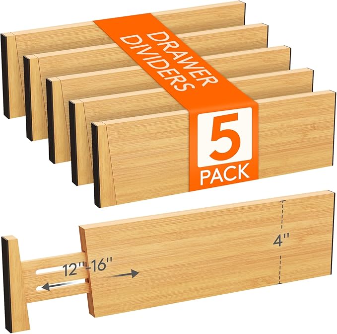 Lifewit 4" High 5 Pack Bamboo Drawer Dividers 31-40cm/12-16 Adjustable Wooden Drawer Organizer for Clothes/Utensils, Expandab