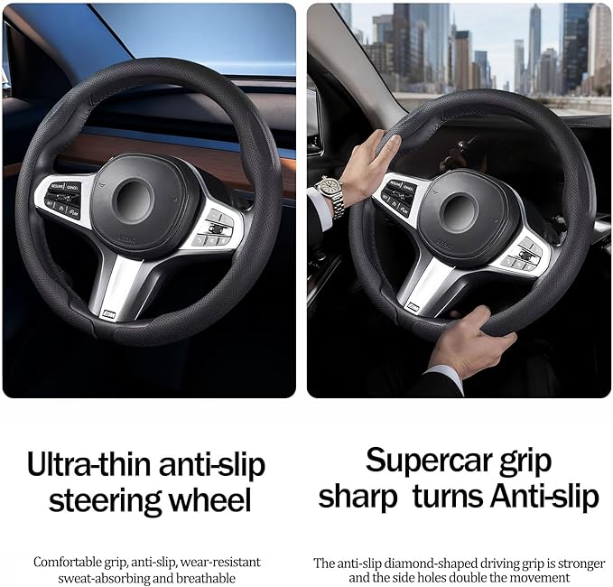 Car Leather Steering Wheel Covers Ultra-Thin Breathable Non-Slip Steering Wheel Protector,Universal Fit 14.5 inch -15 inch Wheel,Black