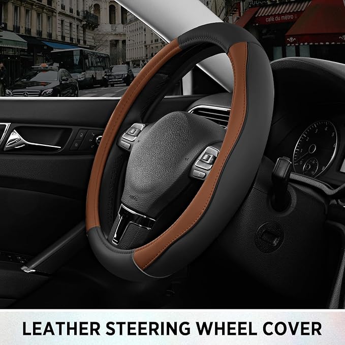 Road Comforts Leather Steering Wheel Cover with Decorative Trim and Piping, Anti-Slip Breathable Design, Fits 14.5–15 Inch Ro