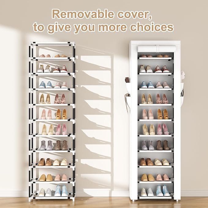 ROJASOP Shoe Rack with Covers 10 Tier Large Shoe Organizer Tall Shoe Closet Storage for 20-22 Pairs Shoe and Boot, Free Stand