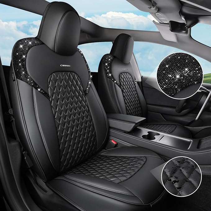 CAR PASS Car Seat Covers for Tesla Model 3 Nappa Leather Bling Diamond Car Seat Protector Full Coverage Airbag Compatible Cus