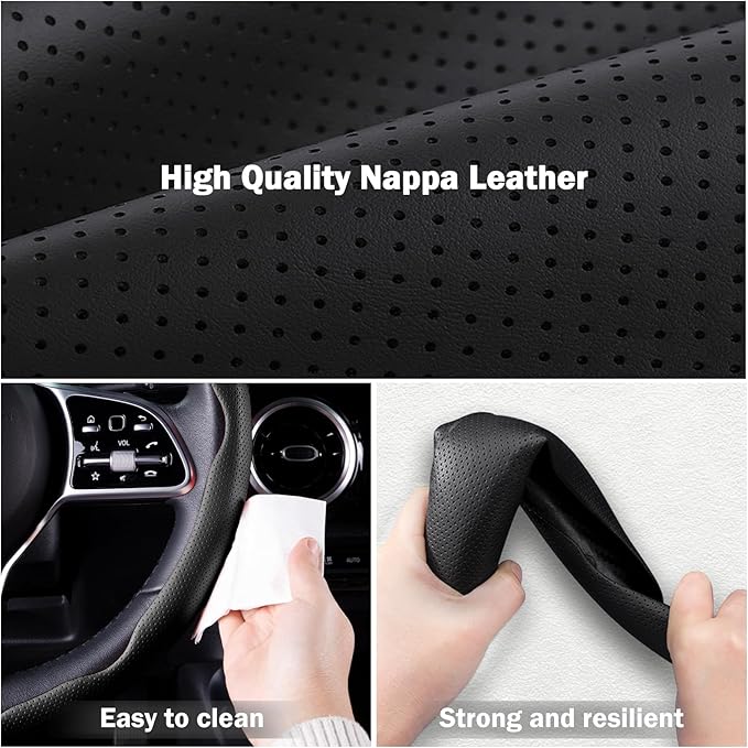 Nappa Leather Car Steering Wheel Cover for Men Women, Ultra-Thin Non-Slip Breathable Microfibre, Universal for 14.5"-15" Stee