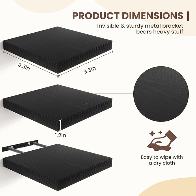 Fun Memories Floating Shelves for Wall - 9.3 Inch Square Shelves with Invisible Brackets, Black Small Wall Shelf for Living R