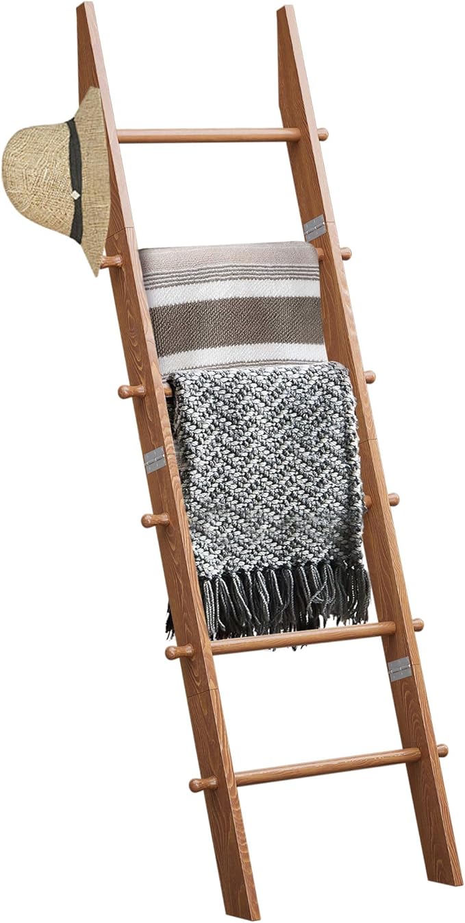 TEAKMAMA 6-Tier Blanket Ladder with Hanging Knobs,5.5 Ft Wall Leaning Blanket Ladders for Living Room Bedroom,Rustic Decorati