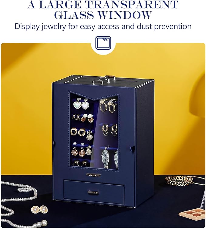 Homde Jewelry Organizer with Transparent Window Necklace Hooks Gift for Women Jewelry Box Display Case for Necklaces Rings Ea