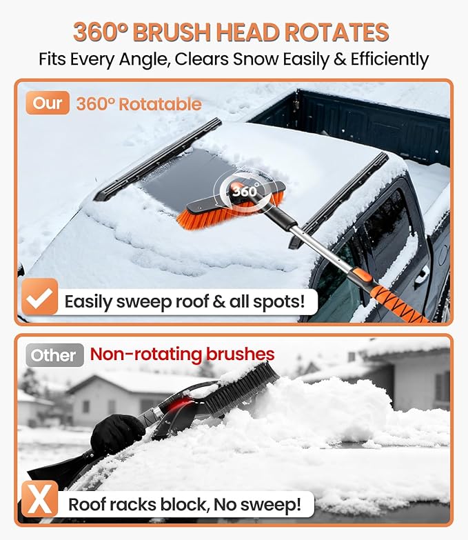 Zanch 2025 Upgrade Extendable 3-in-1 Car Snow Brush and Ice Scraper [45" Extendable Handle] with 360° Rotating Brush Head for Car Windshield Clear Snow, Ice and Frost, for All Cars/Truck/SUV