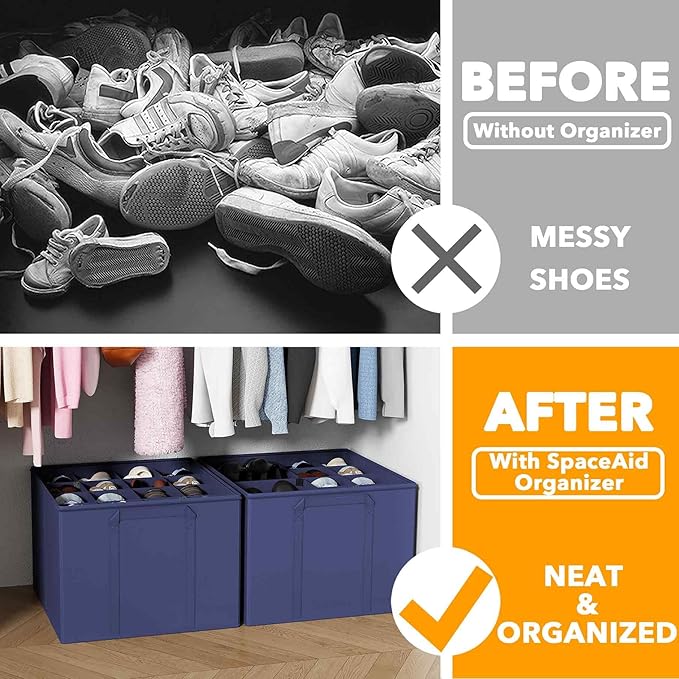 SpaceAid Shoe Organizer for Closet, 2 Pack Foldable Shoe Storage Containers Baskets Boxes Bins w/Adjustable Dividers, Fits 16