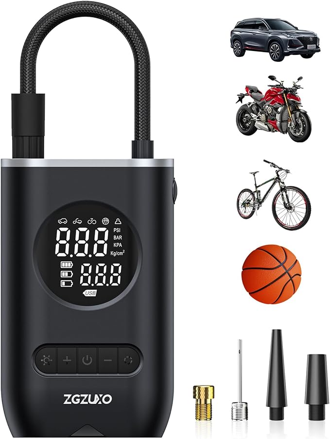 Tire Inflator Portable Air Compressor - ZGZUXO 150PSI Cordless Air Pump for Car Tires with Pressure Gauge LED Light, Electric Bike Tire Pump for Car Motorcycle Bicycle Ball, Auto Shut-Off