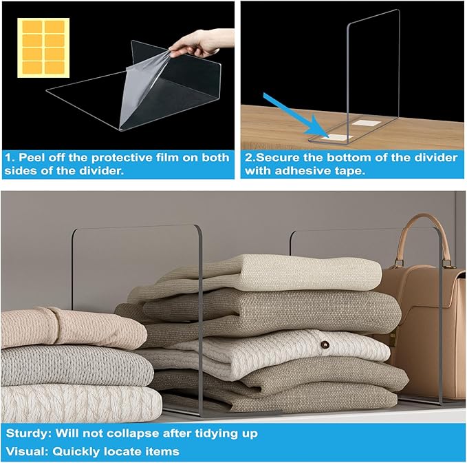 OKPOW Shelf Dividers Closet Organizer - 7.5" Tall X 11.8" Deep Acrylic Clear Sturdy Separate for Clothes Purse - Adjustable S