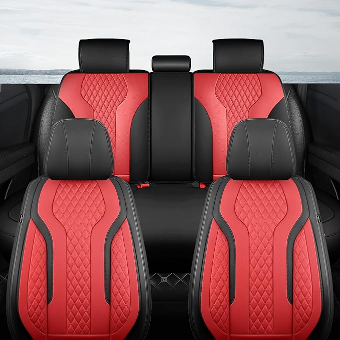 Leather Car Seat Covers Full Set, Breathable Faux Leather Seat Covers for Cars SUV Sedan Waterproof BlackRed