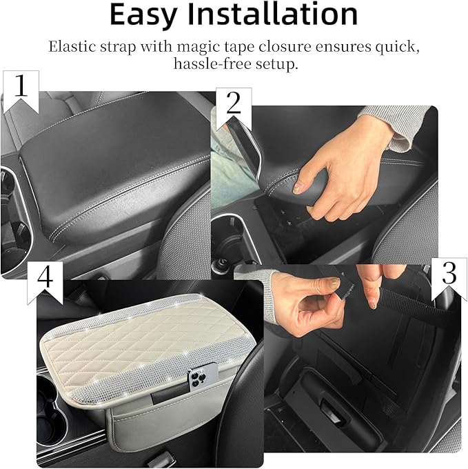 NBTEPEM Bling White Car Center Console Cover, Leather Car Arm Rest Cover with 2 Storage Bags, Universal Auto Armrest Protector Storage Box, Bling Accessories Interior for Most Vehicles