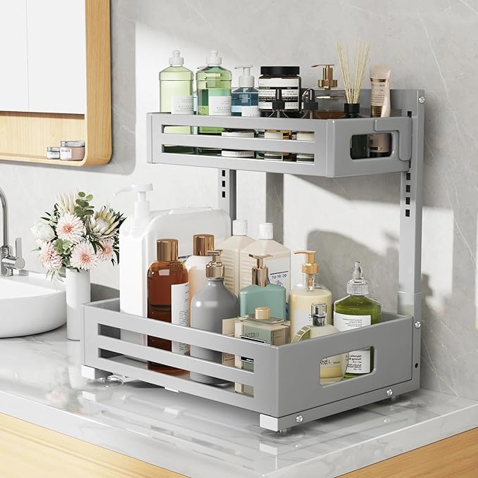 2 Pack Under Sink Organizer,Pull Out Cabinet Organizer With Smooth Cylindrical Rail,Metal Slide Out Drawer for Kitchen Bathro