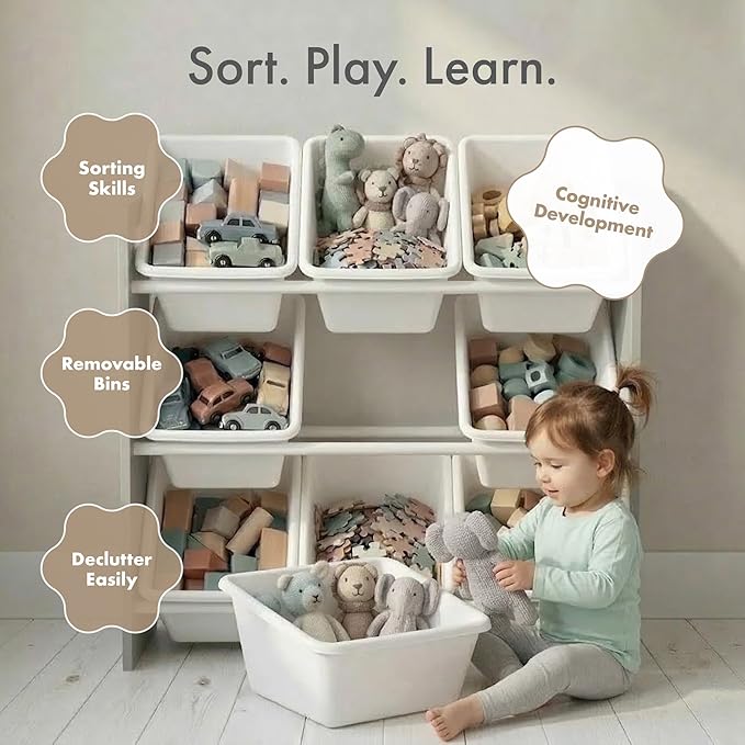 Humble Crew 9-Bin Toy Organizer – Inspire Grey with White Plastic Bins, 3-Tier Storage Solution for Kids' Playrooms and Nurse