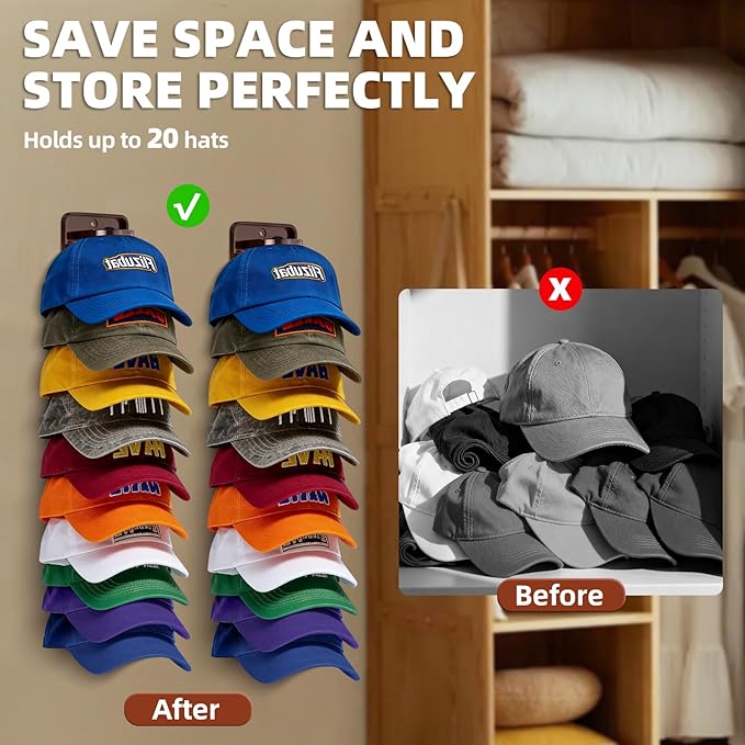 Spring Clip Hat Organizer for Baseball Caps – 2 Pack, Wall Hat Rack for Door & Closet – Keeps 20 Hats Tidy in Garage, Dorm, M