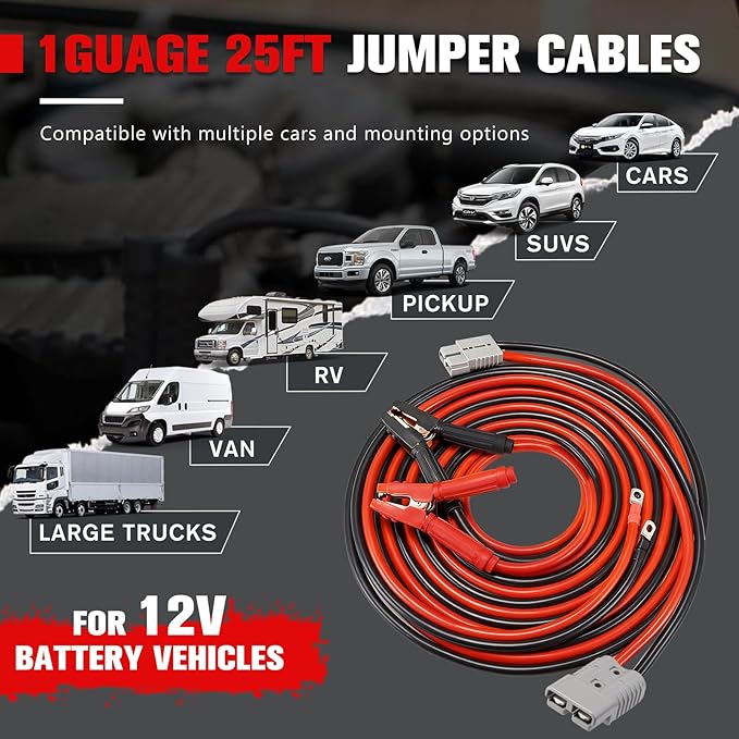 FIERYRED 1 Gauge 25 FT Quick Connect Jumper Cables, 1000A Heavy Duty Booster Cables with Travel Bag, Heavy Duty Battery Jumper Cable for Truck, Diesel Trucks, SUV and Car