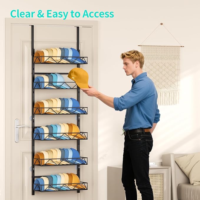 HapiRm Over the Door Hat Organizer - 6 Tier Wall Mounted Hat Rack with 6 Adjustable Metal Basket, Baseball Caps Organizer Sto