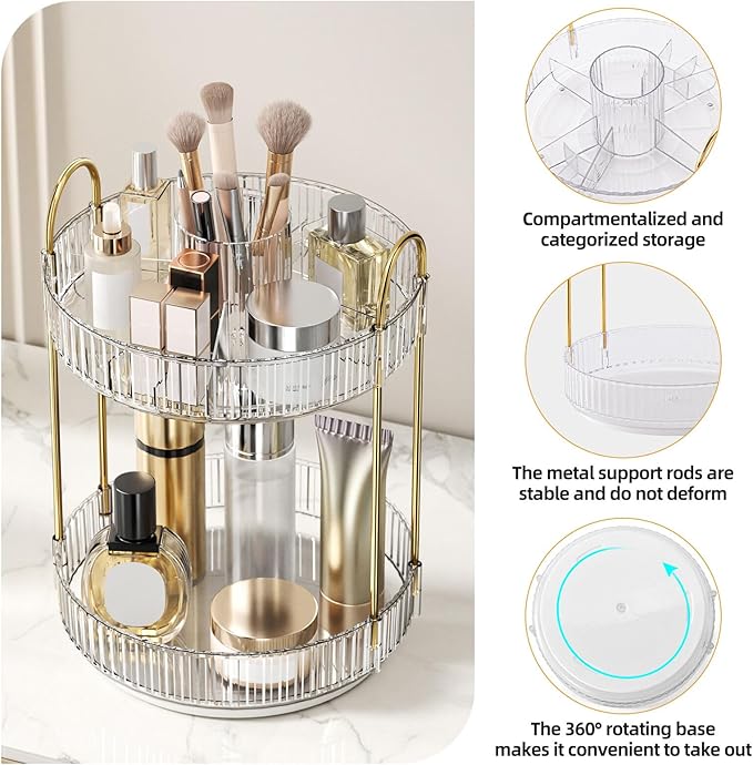 360° Rotating Makeup Organizer, Large-Capacity Skincare Make Up Storage 2 Tier Perfume Organizers Cosmetic Dresser Organizer 