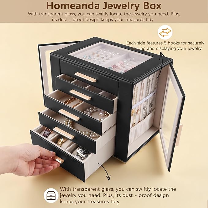 Homeanda Jewelry Box for Women with Glass Lid, 5 Drawers Jewelry Organizer and Storage for Necklaces, Rings, Earrings, Bracel