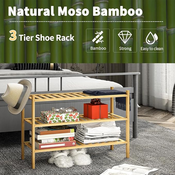 3-Tier Bamboo Shoe Rack for Entryway, Stackable | Heavy Duty | Multi-Function, Free Standing Shoe Racks for Bedroom Hallway C