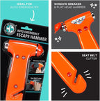Be Smart Get Prepared 3-in-1 Auto Emergency Escape Hammer - Includes Glass Breaker, Seat Belt Cutter & Flat Hammer - Compact 