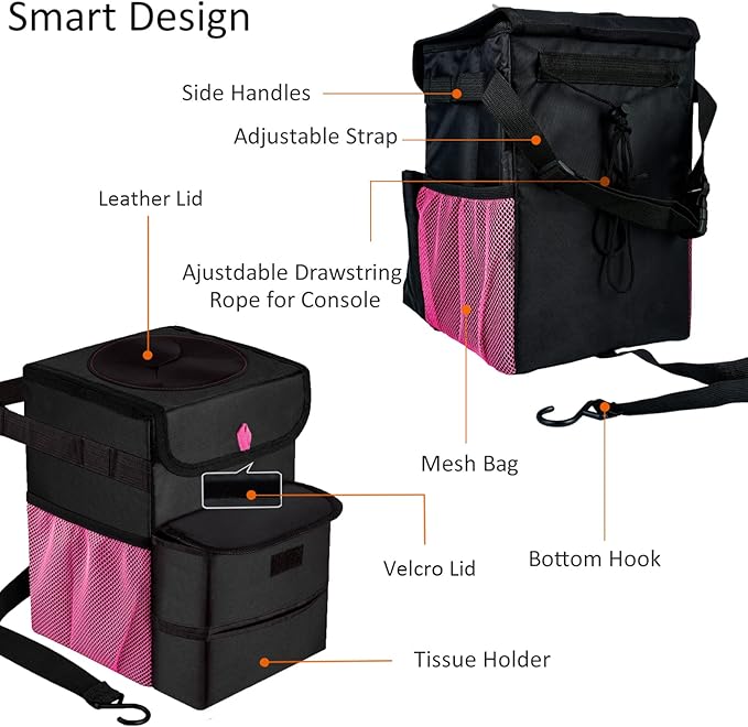 Car Trash Can Foldable Garbage Bin Leakproof 3 Gallons Black Pink