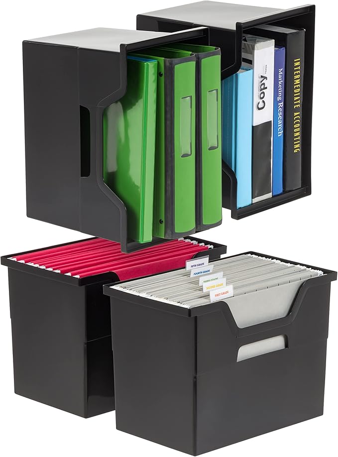IRIS USA Large Portable Desktop File Box with Open Lid, 4 Pack, Side Handles, Hanging File Folders, Tabs & Inserts, Letter Si