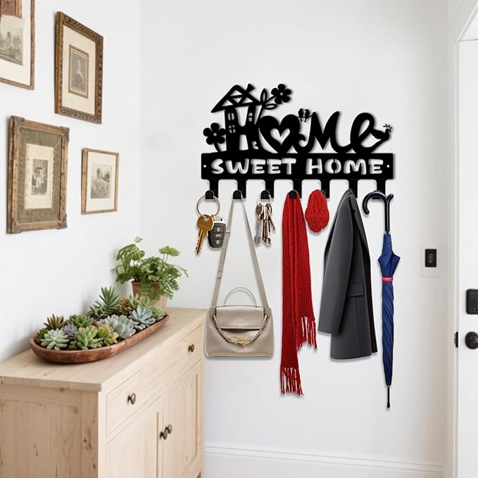 Key Holder Wall Mount, Home Sweet Home Sign, Key Holder Wall for Wall Decorative with 6 Hooks, Organizer Rack Hanger for Entr