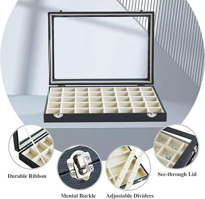 Stratalife Jewelry Organizer 40 Grid Beige Black Jewelry Tray with Clear Dust-proof Lid Velvet Earring Organizer Necklace Rin
