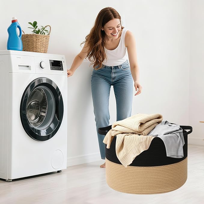 90L Large Blanket Basket, 21.7"x 21.7"x 13.8" Rope Woven Storage Basket with Handles, Laundry Hamper for Toys, Clothes, Pillo