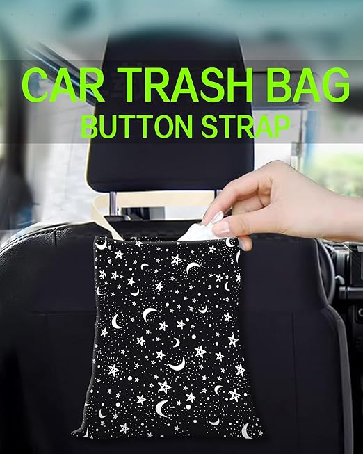 Car Trash Can, Durable Hanging Car Trash Garbage Bag, Cute Automotive Garbage Cans Organizer, Black White Moon Star